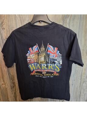 VTG Harley Davidson London England UK Warr’s HD Black Graphic T-Shirt Size Large